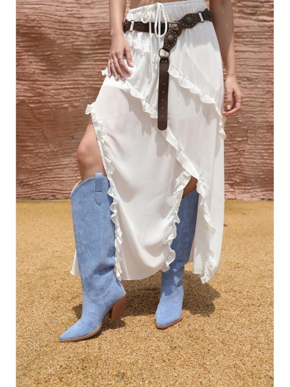 Women's Blue Knee High Boots Pointed Toe and Block Heel Cowboy Suede Boots - Picture 3 of 6